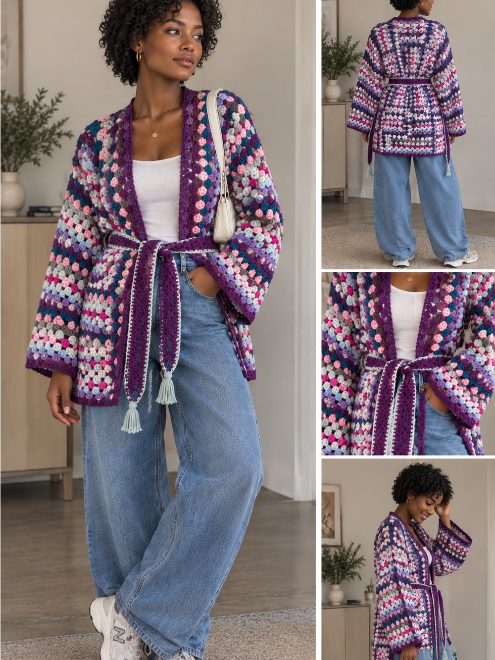 Crochet Belted Cardigan Sweater - Purple Multi